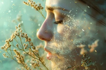 Close up of a serene woman inhaling fresh air amidst delicate flowers and golden particles, creating a tranquil and ethereal atmosphere