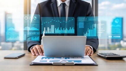 Businessman Analyzing Data on Laptop with Graph Overlay, Technology in Business on a Office Background