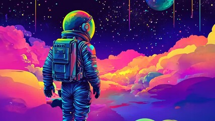 Colorful Cartoon Astronaut Warrior in Spacesuit with Gun Animated 2D Graphics on Moon Night