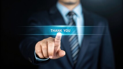 Businessman Touching Blue Thank You Message Icon, Digital Communication Concept on a Dark Background