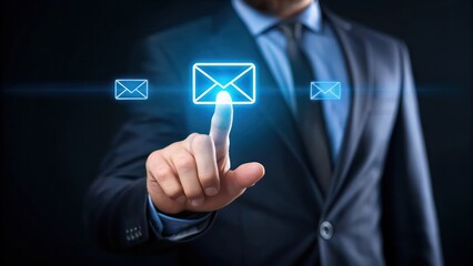 Businessman Touching Blue Email Icon, Digital Communication Concept on a Dark Background