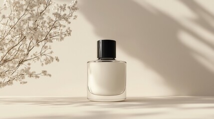 bottle of perfume  with a black cap, isolated on a light background, in a frontal view