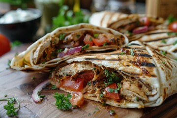 Delicious grilled chicken wraps, filled with juicy chicken, tomatoes, onions, and parsley, presented on a rustic wooden board