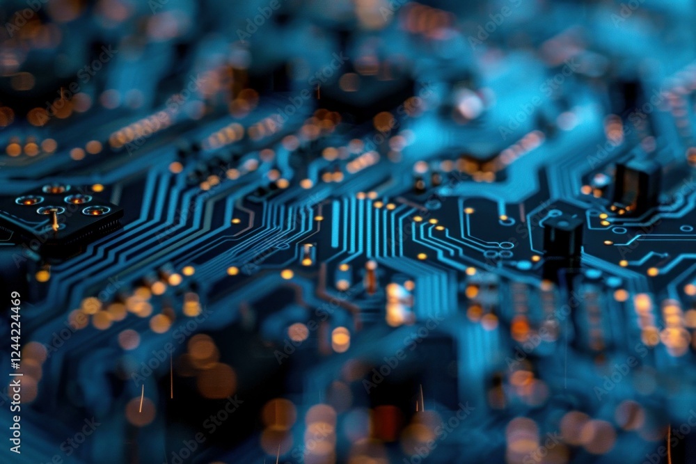 Poster electronic circuit board with bokeh effect showing data transferring, concept of information technol