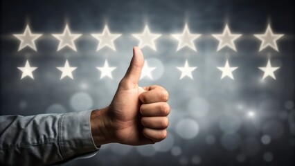 Thumbs Up Against a Sparkling Background with Glowing Stars, Positive Feedback and Approval
