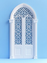 Elegant White Door with Intricate Lattice Design on a Light Blue Wall