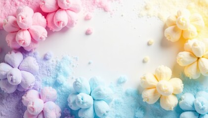 Pastel pink, blue, and yellow cotton candy swirls on a white background , candy background, dessert