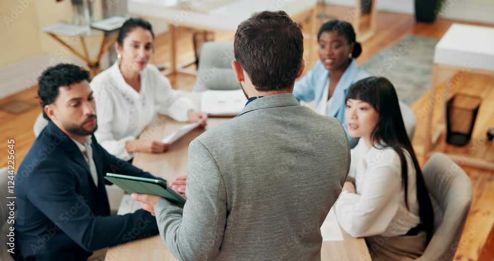 Poster Business people, meeting and tablet for presentation, research or online networking for schedule planning. Manager, back and employee with technology for speaker, report review and office scroll