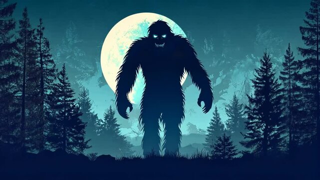 Bigfoot Yeti Myth Monster Silhouette Illustration in Forest at Sunset with People and Moon
