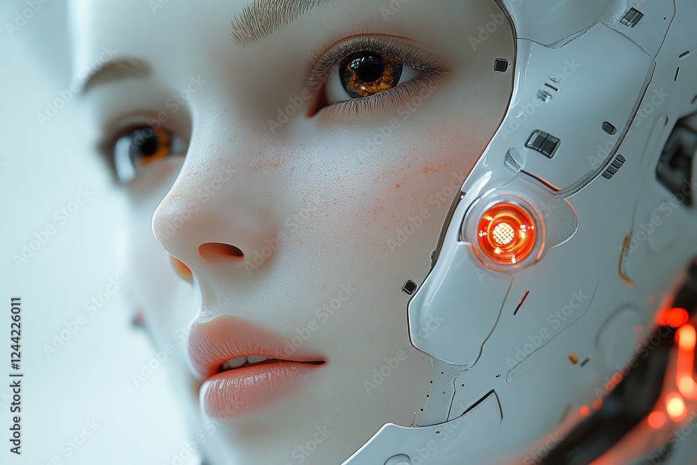 Poster close-up of a futuristic humanoid robot with intricate facial features.