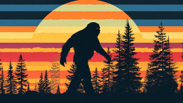 Bigfoot and Yeti Mythical Monster Silhouette at Sunset in Forest with Couple and Child
