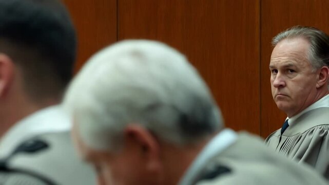 Judge attentively watches proceedings in a courtroom setting, surrounded by other individuals, capturing the serious atmosphere of a legal process
