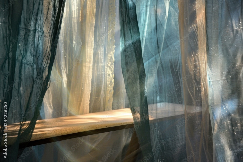 Poster sunlight streams through sheer curtains, casting a warm glow on a simple wooden table, creating a pe