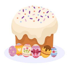 Festive Easter scene with holiday cupcake and eggs on white background, cartoon vector illustration for banners, cards and other designs
