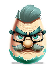 Emoji monster egg, angry man in glasses with a trendy hairstyle in green shades no background. Vector illustration.