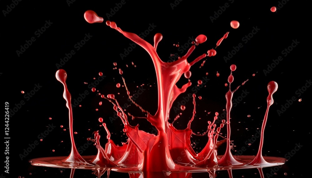 Poster red paint splash with dynamic droplets and vivid color
