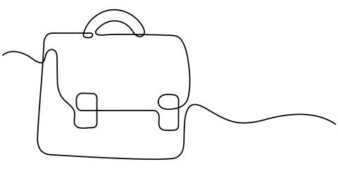 Obraz premium Suitcase working bag one line art drawing. Continuous outline briefcase office bag for working, Hand Drawn Briefcase Icon with editable stroke, Bag line icon, Black and White Illustration.