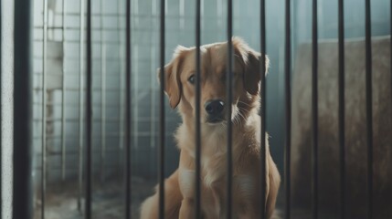 sad dog in animal shelter, abandoned and lonely animals, charity and animal care	