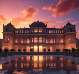 Naklejka premium Palace shining brightly amidst a colorful sunset sky, regal residence, vibrant colors, palace lighting