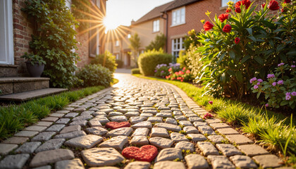 Fototapeta premium Charming cobblestone path with heart-shaped stones at sunrise, romance
