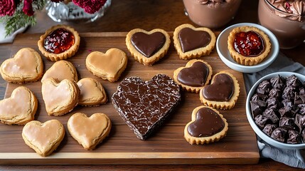 Fototapeta premium Valentine's dessert bar featuring heart shaped cookies mini tarts and chocolate bark styled for a delectable party setup
