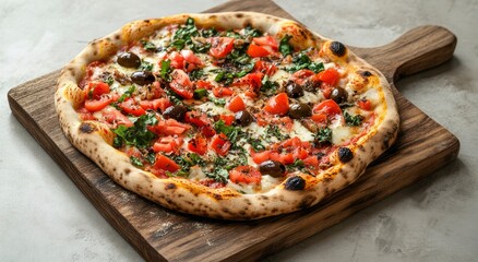 Photo of a pizza on an old wooden board with space for text, on the right side. On a light gray background with copy space, top view, flat lay. 