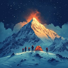 Stylized vector of an expedition tent on a snowy mountain peak with climbers.