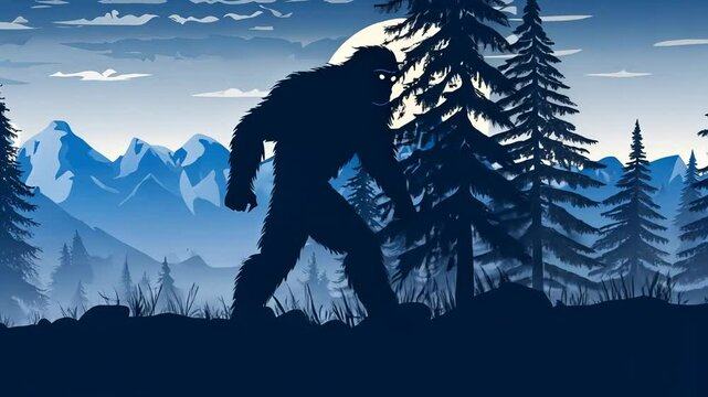 Bigfoot Yeti Myth Monster Silhouette Vector Illustration in Forest at Sunset