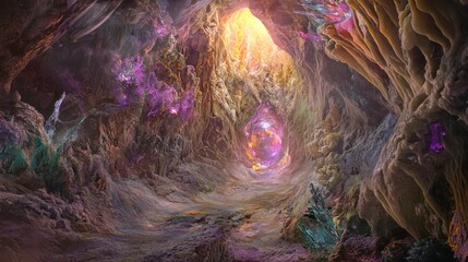 A Mystical Journey Through a Vibrant, Otherworldly Cave