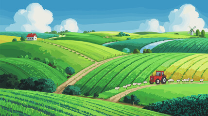 Fototapeta premium Cartoon Farmland with Tractor, Sheep, and Windmill