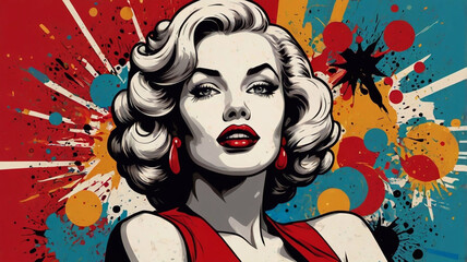 1950s pin-up style glamorous woman in vintage pop art with bright red and blue colors