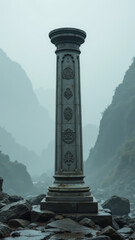 Obraz premium Ancient stone column with intricate carvings on a misty mountain landscape.
