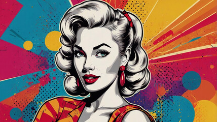 1950s pin-up style pop art portrait with classic curls and dramatic graphic elements