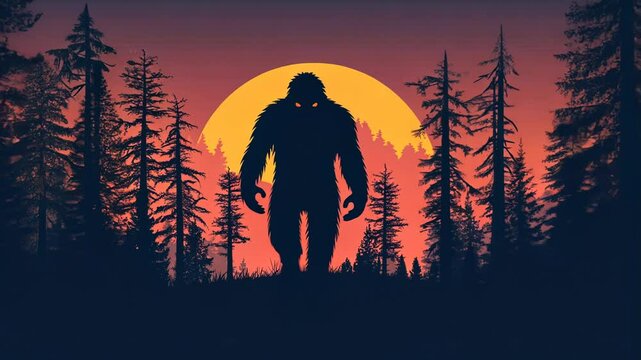 Bigfoot Yeti Myth Monster Silhouette Illustration of Couple in Forest at Sunset