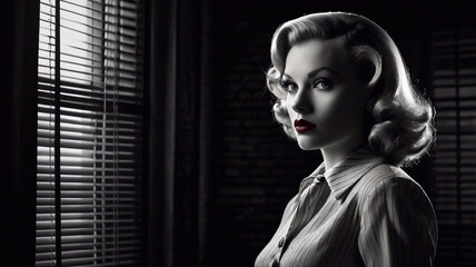 1950s pin-up style mysterious woman in a noir scene with dramatic lighting and shadows
