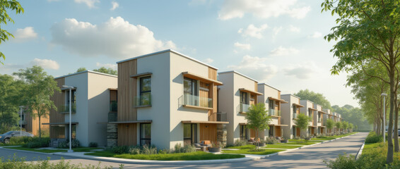 Fototapeta premium Rows of modern houses with eco-friendly features line a tranquil suburban street. Lush greenery and trees complement the stylish architecture, creating an inviting atmosphere