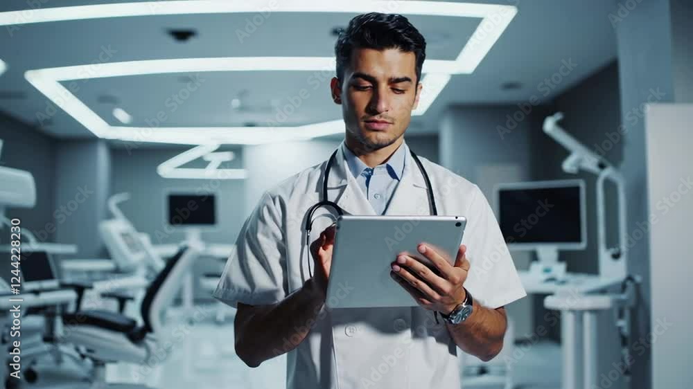 Aufkleber futuristic medical professional wearing lab coat interacting with digital tablet while standing in h