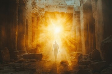 A ghostly, translucent figure walking through an ancient temple, illuminated by golden sun rays breaking through the ruins, copy space background