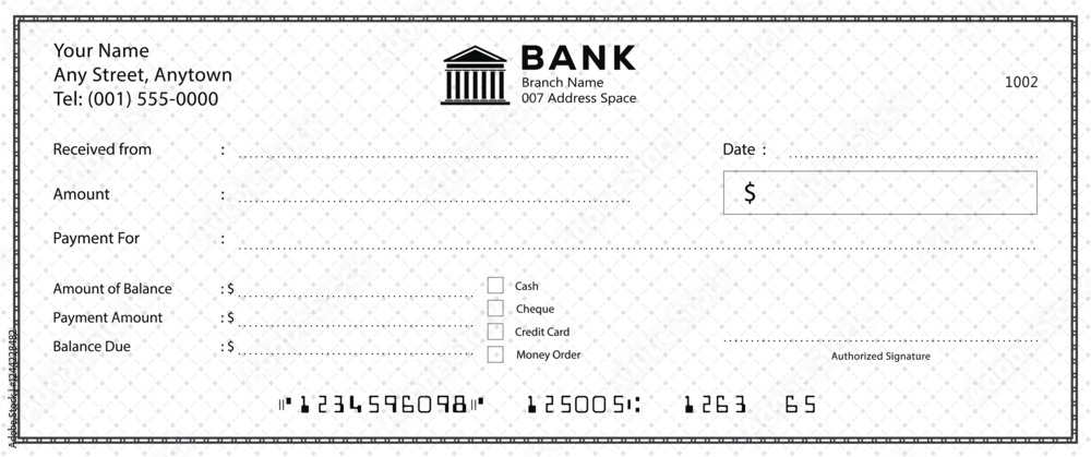 Wall mural empty money cheque. bank check. check book template with pattern and blank fields. currency payment 