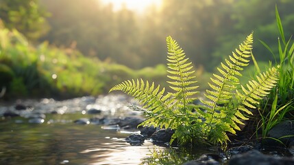 Sunlit ferns by a calm stream.