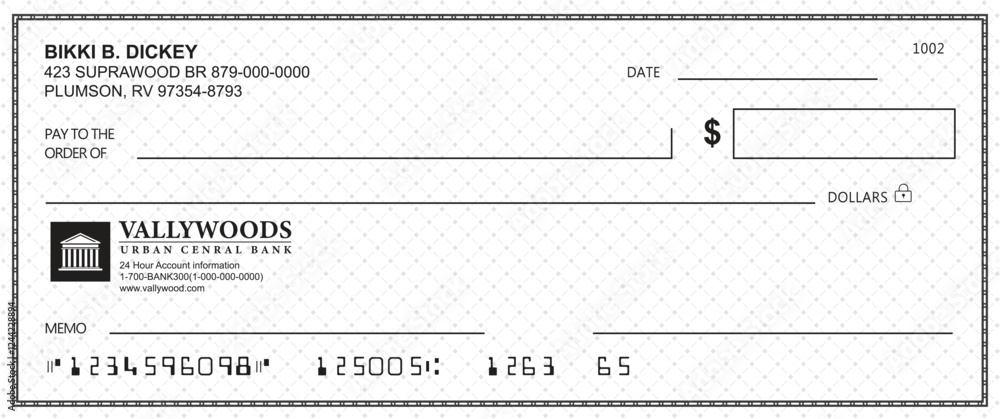 Wall mural empty money cheque. bank check. check book template with pattern and blank fields. currency payment 