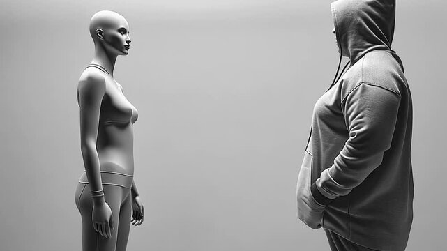 This Two figures stand facing each other, highlighting the theme of body image and weight.
