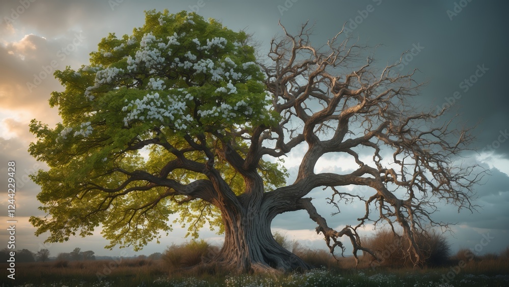 Poster unique tree displaying vibrant foliage and stark branches under a cloudy sky in a serene landscape d