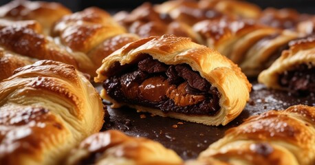 Rich, velvety chocolate filling inside the flaky pastry, chocolate, filling