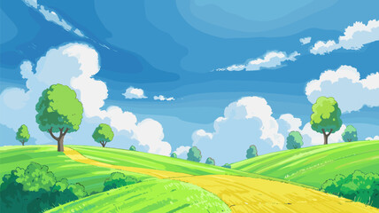 Cartoon Landscape with Yellow Path and Green Hills