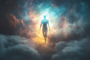 Obraz premium A surreal dreamscape featuring a human silhouette dissolving into a vibrant cosmic nebula, representing the spiritual journey of the soul, copy space background