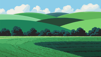 Green Hills with Forest Treeline and Clouds