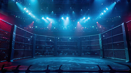 A brightly lit MMA cage in an arena, ready for a fight event with an excited audience.