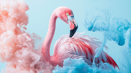 Fototapeta premium Pink Flamingo Banner on Light Blue Pastel Background with Paint Splashes and Copy Space