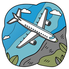 Airplane Coastal Flight:  Hand-Drawn Illustration, Blue & Green.